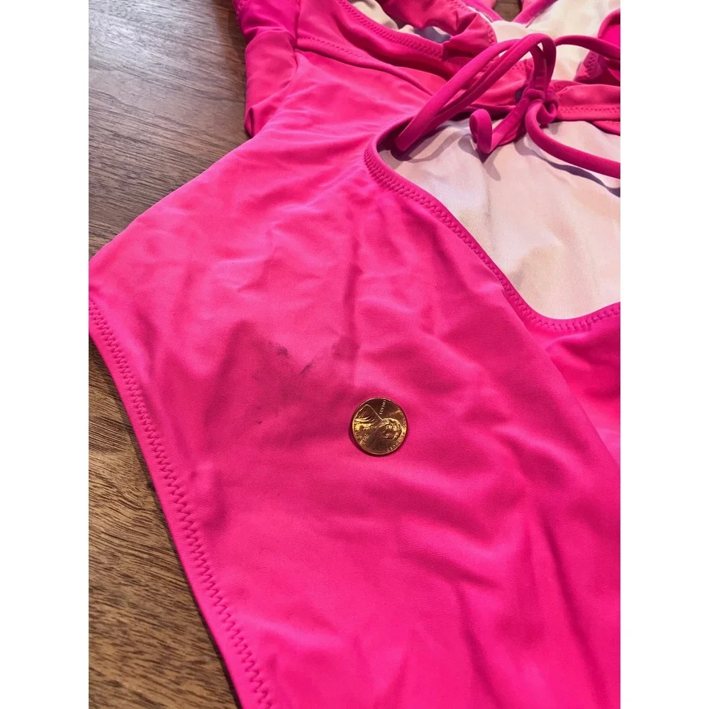 Annbon Womens XL One Piece Swimsuit Hot Pink‎ Ruffle V-Neck  Ruched Lace Up Back